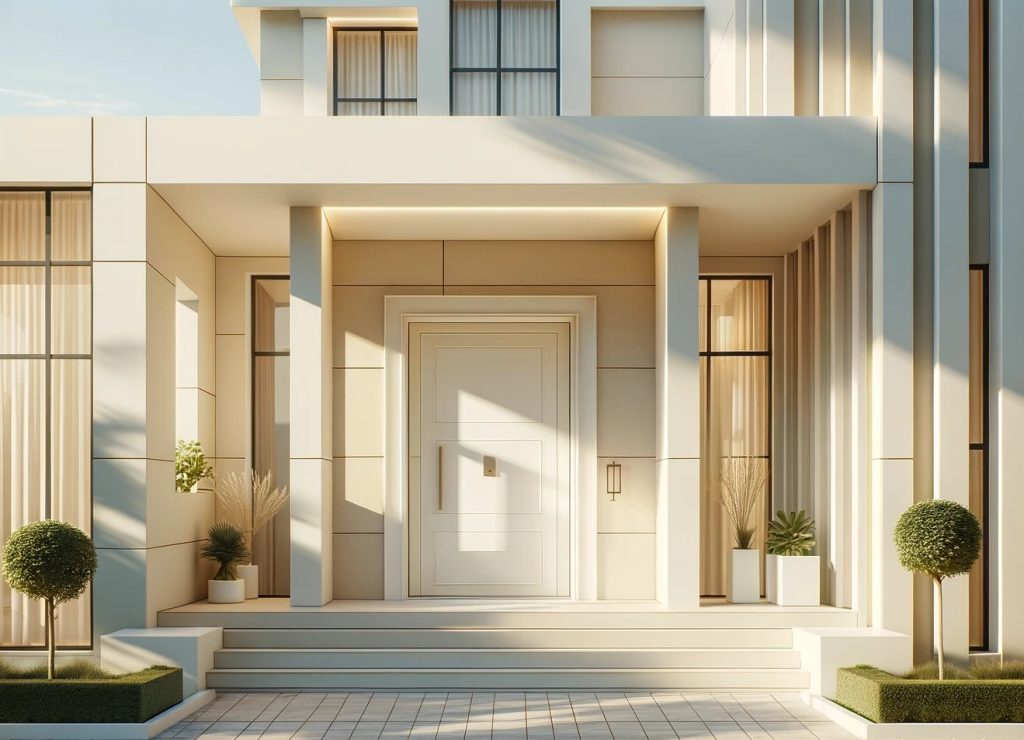 DALL·E 2024-02-25 11.25.00 - A modern home entrance in a horizontal, wide format, now incorporating more cream colors into the predominantly white, sleek, and contemporary design
